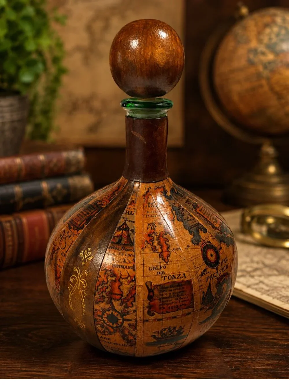 Vintage Italian Leather Wrapped Glass Decanter w/Old World Map
